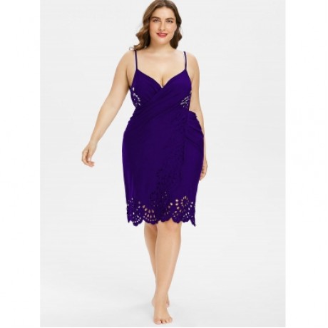 Plus Size Openwork Floral Women Cover Up Dress (PURPLE)