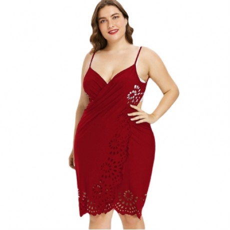 Plus Size Openwork Floral Women Cover Up Dress (WATERMELON PINK)