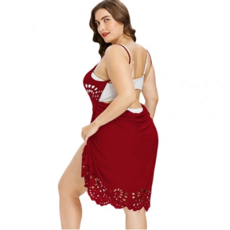 Plus Size Openwork Floral Women Cover Up Dress (WATERMELON PINK)