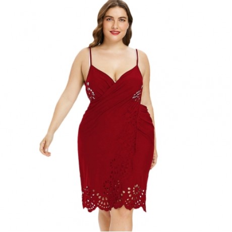 Plus Size Openwork Floral Women Cover Up Dress (WATERMELON PINK)