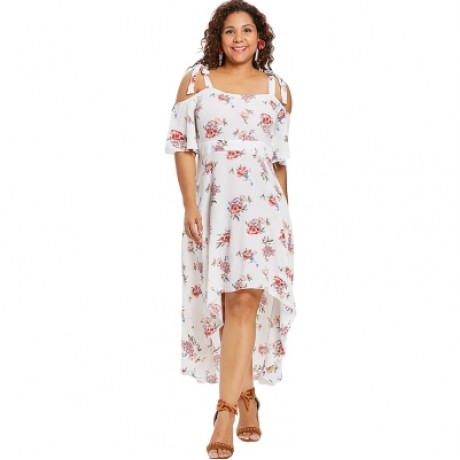 Plus Size Print Open Shoulder Flowy Dress (MILK WHITE)