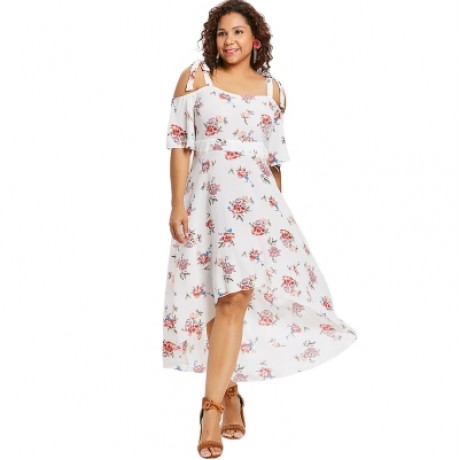 Plus Size Print Open Shoulder Flowy Dress (MILK WHITE)