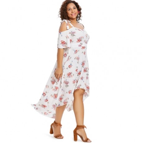 Plus Size Print Open Shoulder Flowy Dress (MILK WHITE)