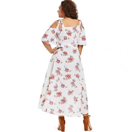 Plus Size Print Open Shoulder Flowy Dress (MILK WHITE)