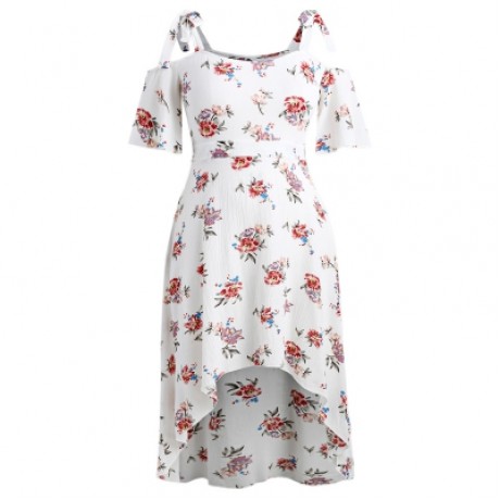 Plus Size Print Open Shoulder Flowy Dress (MILK WHITE)