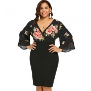 Plus Size Bell Sleeve Floral Plunging Neck Dress (BLACK)