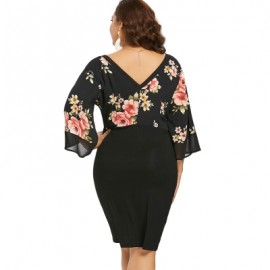 Plus Size Bell Sleeve Floral Plunging Neck Dress (BLACK)