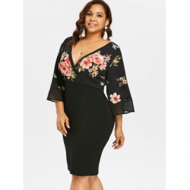 Plus Size Bell Sleeve Low Cut Floral Dress (BLACK)