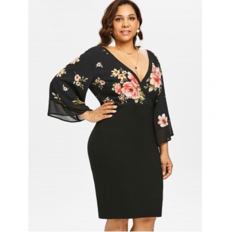 Plus Size Bell Sleeve Low Cut Floral Dress (BLACK)