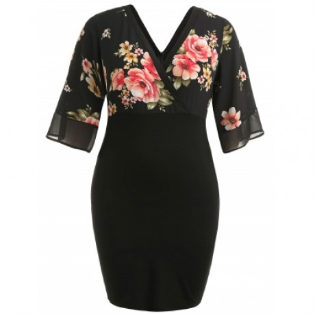 Plus Size Bell Sleeve Low Cut Floral Dress (BLACK)