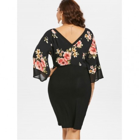 Plus Size Bell Sleeve Low Cut Floral Dress (BLACK)
