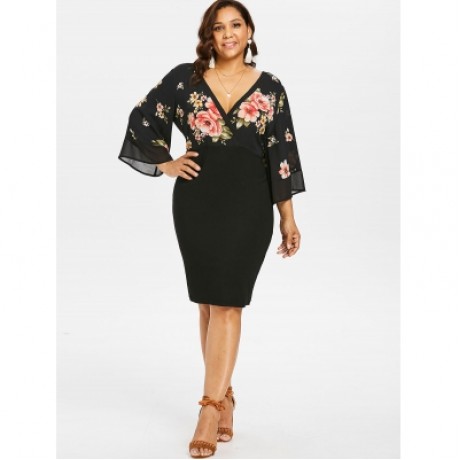 Plus Size Bell Sleeve Low Cut Floral Dress (BLACK)