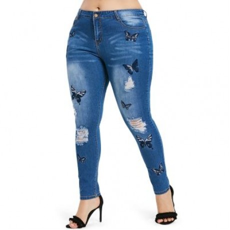Plus Size Distressed Embroidered Jeans (WINDOWS BLUE)