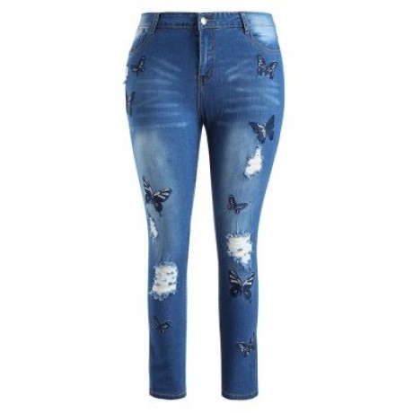 Plus Size Distressed Embroidered Jeans (WINDOWS BLUE)