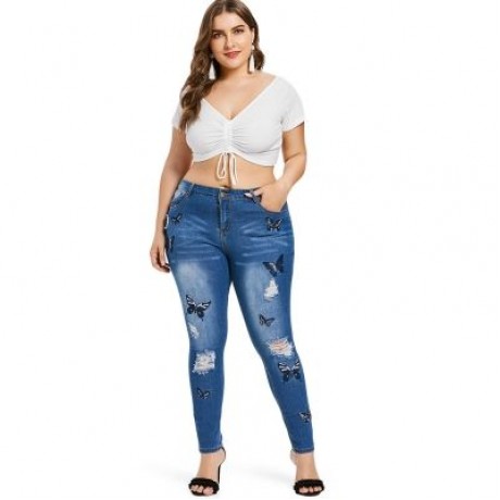 Plus Size Distressed Embroidered Jeans (WINDOWS BLUE)