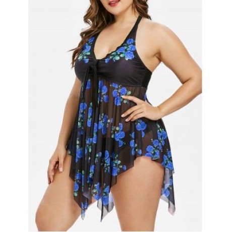 Plus Size Flower Sheer Tankini Set (BLUE)