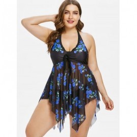 Plus Size Flower Sheer Tankini Set (BLUE)
