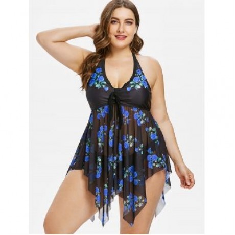 Plus Size Flower Sheer Tankini Set (BLUE)