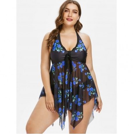 Plus Size Flower Sheer Tankini Set (BLUE)