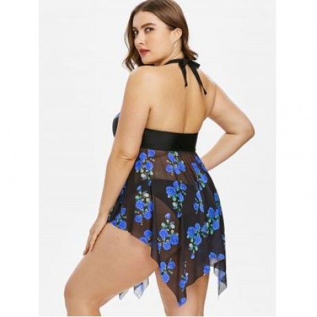 Plus Size Flower Sheer Tankini Set (BLUE)