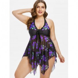 Plus Size Flower Sheer Tankini Set (PURPLE)
