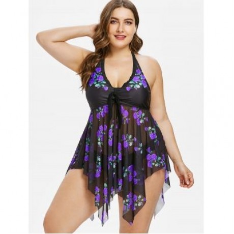 Plus Size Flower Sheer Tankini Set (PURPLE)