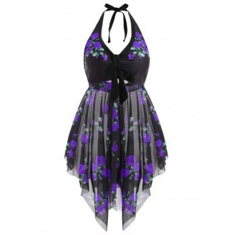 Plus Size Flower Sheer Tankini Set (PURPLE)