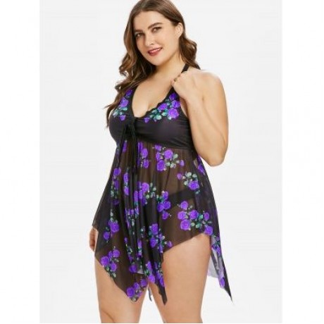 Plus Size Flower Sheer Tankini Set (PURPLE)