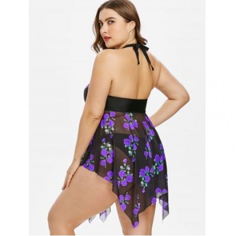 Plus Size Flower Sheer Tankini Set (PURPLE)