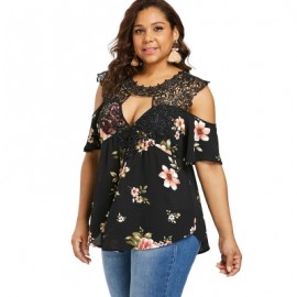 Plus Size Floral Flare Sleeve Blouse (BLACK)