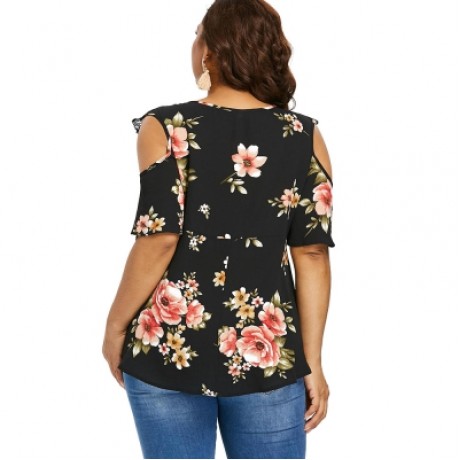 Plus Size Floral Flare Sleeve Blouse (BLACK)