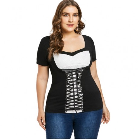Plus Size Sweetheart Neck Lace Up T-shirt (BLACK)