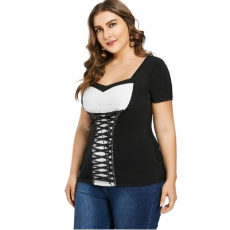 Plus Size Sweetheart Neck Lace Up T-shirt (BLACK)