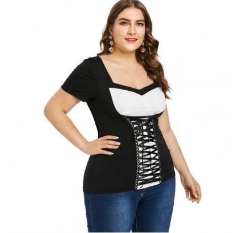 Plus Size Sweetheart Neck Lace Up T-shirt (BLACK)