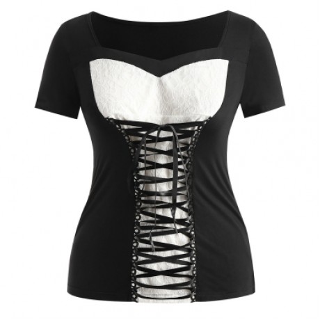Plus Size Sweetheart Neck Lace Up T-shirt (BLACK)