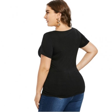 Plus Size Sweetheart Neck Lace Up T-shirt (BLACK)
