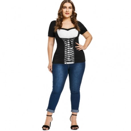 Plus Size Sweetheart Neck Lace Up T-shirt (BLACK)