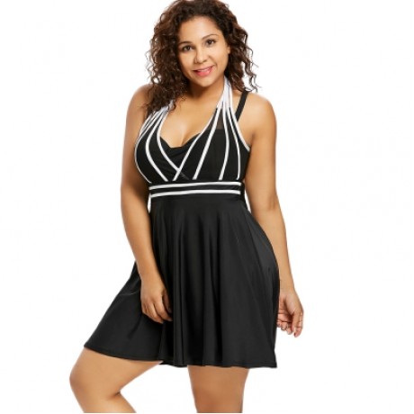 Plus Size Color Blocking Halter One Piece Swimwear (BLACK)