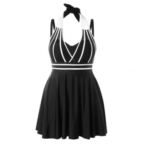 Plus Size Color Blocking Halter One Piece Swimwear (BLACK)