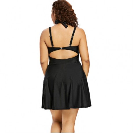 Plus Size Color Blocking Halter One Piece Swimwear (BLACK)