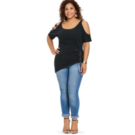 Plus Size Cold Shoulder Lace Up Asymmetric T-shirt (BLACK)