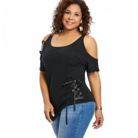 Plus Size Cold Shoulder Lace Up Asymmetric T-shirt (BLACK)