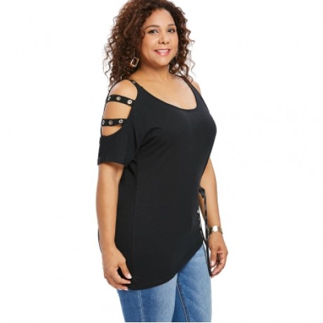 Plus Size Cold Shoulder Lace Up Asymmetric T-shirt (BLACK)
