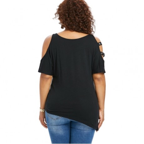 Plus Size Cold Shoulder Lace Up Asymmetric T-shirt (BLACK)