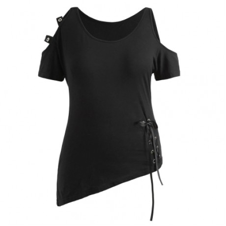 Plus Size Cold Shoulder Lace Up Asymmetric T-shirt (BLACK)