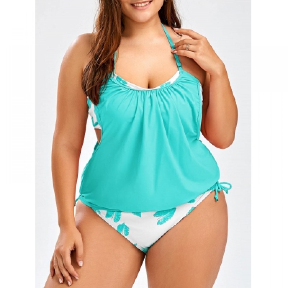 TROPICAL PLUS SIZE HALTER TANKINI SWIMSUITS (GREEN)