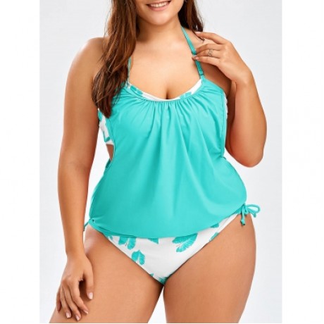 TROPICAL PLUS SIZE HALTER TANKINI SWIMSUITS (GREEN)