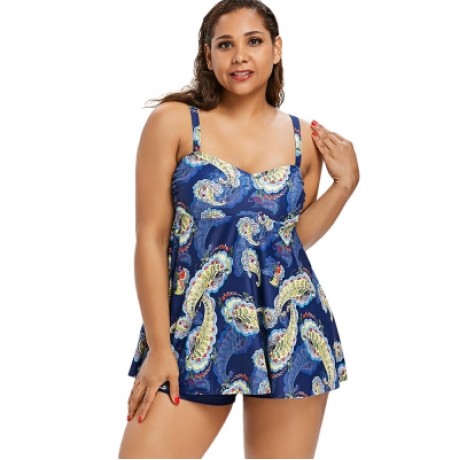 Plus Size Paisley Print Padded Tankini Set (BLUE)