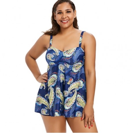Plus Size Paisley Print Padded Tankini Set (BLUE)