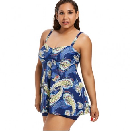 Plus Size Paisley Print Padded Tankini Set (BLUE)